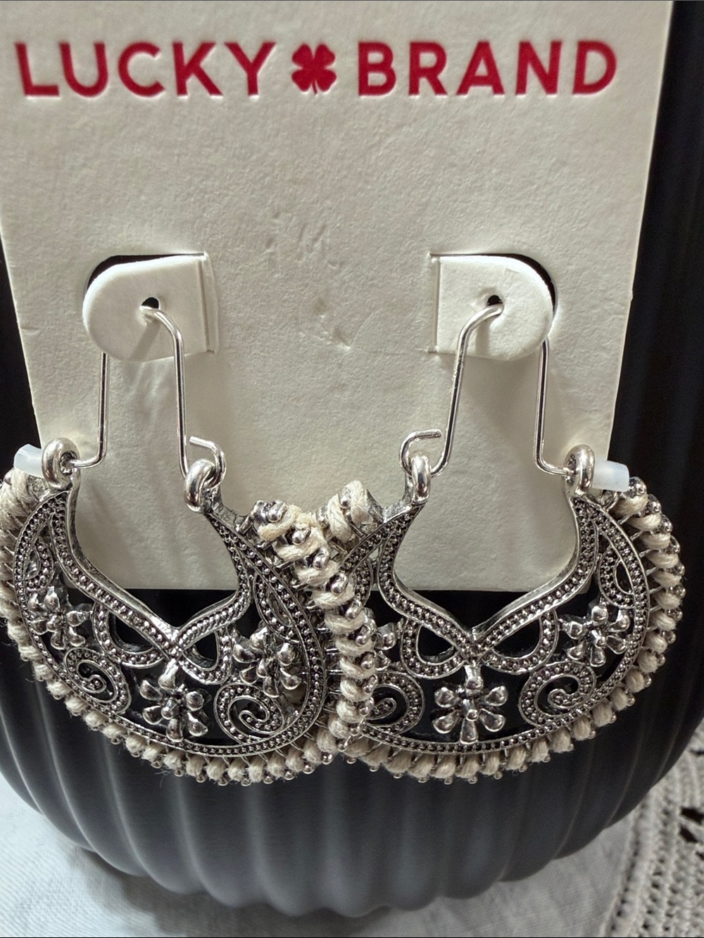 Lucky Brand silver-tone boho drop hoop earrings featuring an intricate openwork